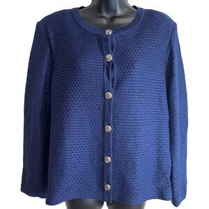 St John Collection Cardigan Sweater 14 Blue Knit Button Front Wool Blend USA H9